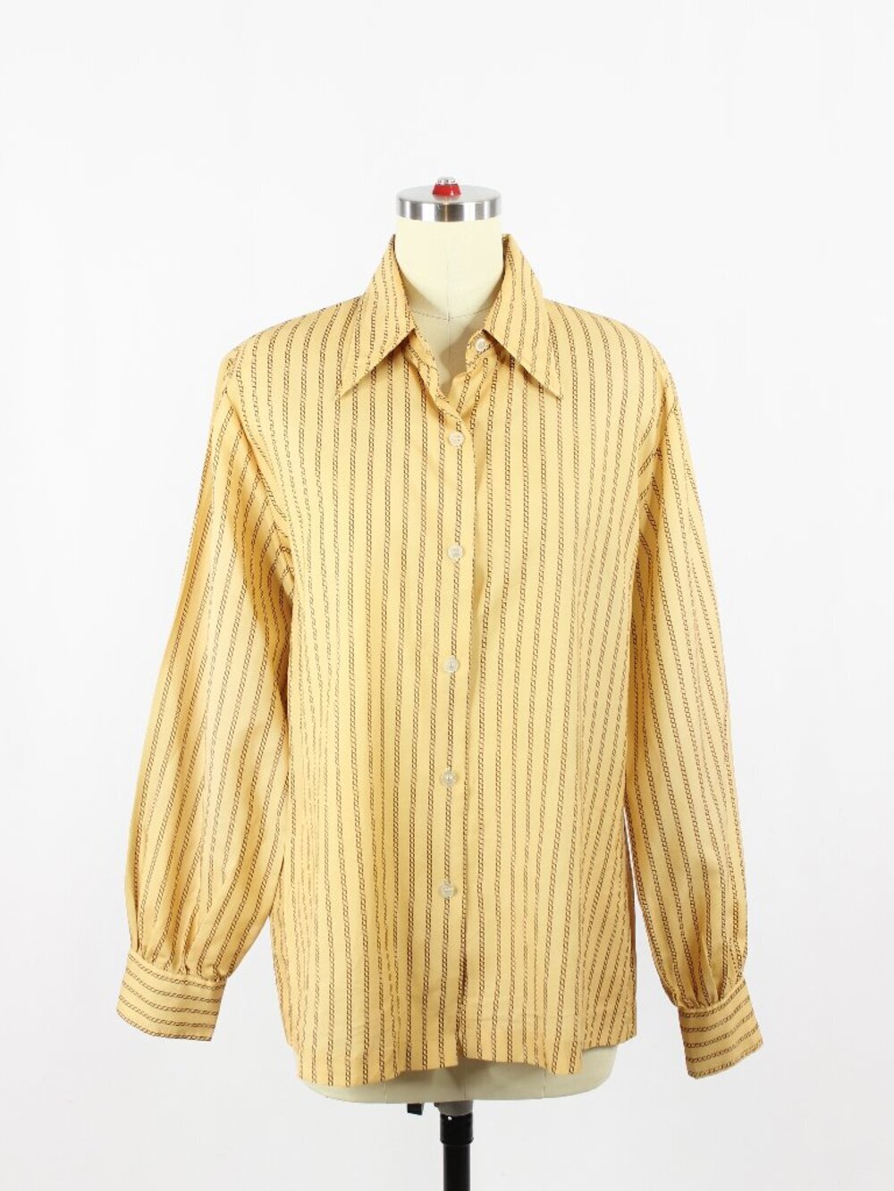Vintage 90's OLEG CASSINI Tan Striped Poly Crepe Button Down Blouse, Size 18